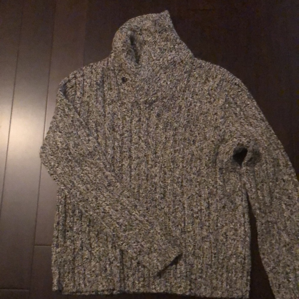 Men’s Polo Shawl Collar Pullover sweater. Black/White Marled.